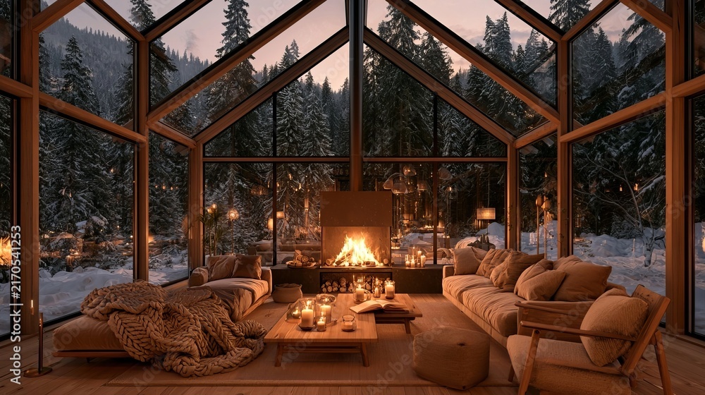 Fototapeta premium Cozy Scandinavian Living Room with Glowing Fireplace and Snowy Forest View at Evening Season