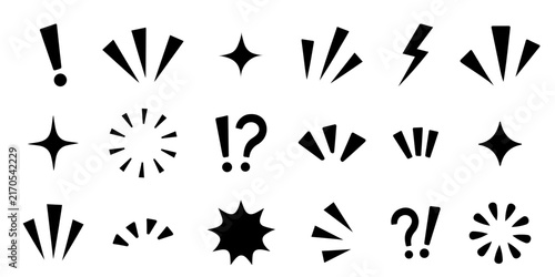Set of black comic book burst symbols, exclamation marks, question marks, and stars isolated on white background. Graphic accent marks collection for cartoon design and expression.