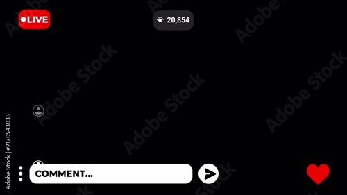 4K Social Media Live Stream UI Overlay, Chat Comments, Like Fountain and Viewers Badge ,Live Streaming overlay animation for social media, social media live streaming tempelates with flying hearts.