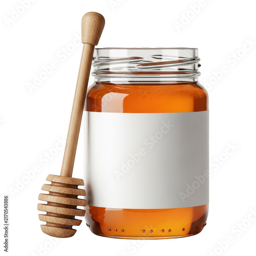 Glass jar of fresh golden honey with a wooden dipper stick for healthy food cooking isolated on transparent background