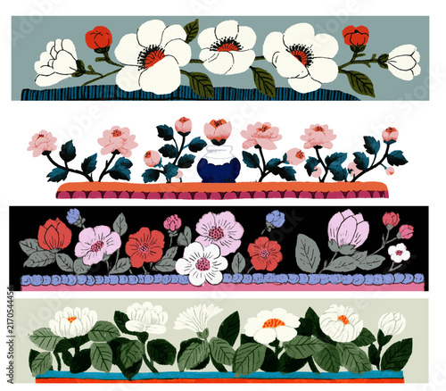 Traditional folk art style floral border patterns with blooming flowers