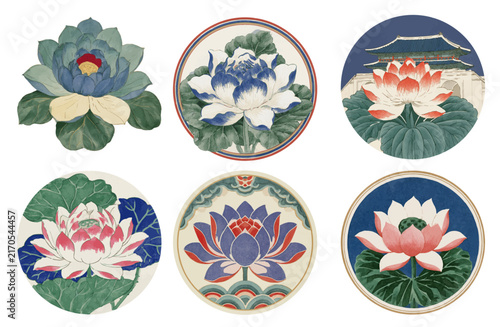 Traditional Asian lotus flower illustrations set with circular frames and cultural motifs