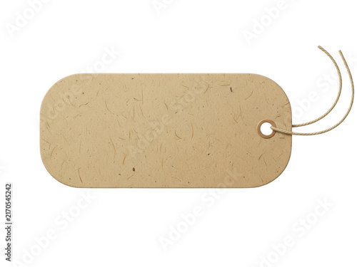 Blank brown paper gift tag with string attached for retail and product branding isolated on transparent background