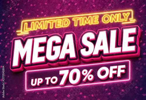 Bright neon mega sale advertisement with up to seventy percent off discount offer sign