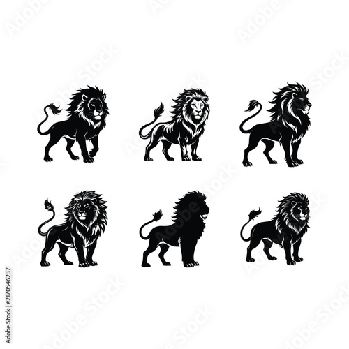 Collection of Six Black Lion Silhouette Illustrations in Different Poses