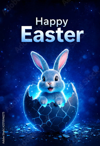 Cute blue glowing bunny sitting inside a cracked egg with happy easter greeting card design