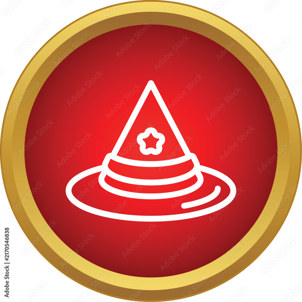 Fototapeta premium Wizard hat outline icon with a star on a red circular button
