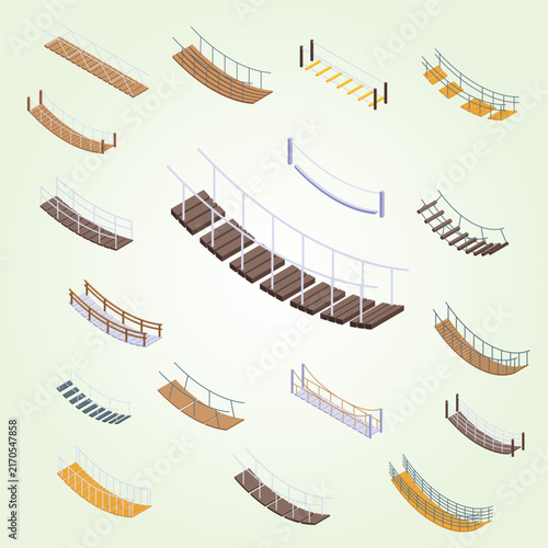 Rope bridge icons set set of various hanging bridges for crossing water or ravine in isometric view 3d illustration balance journey steel design element transportation
