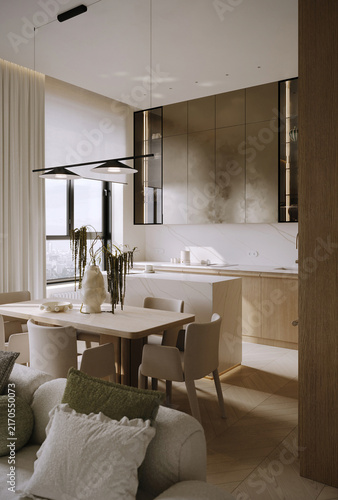 Foto Warm contemporary open plan interior with a cream sofa, dining area, light wood kitchen cabinetry and elegant neutral finishes