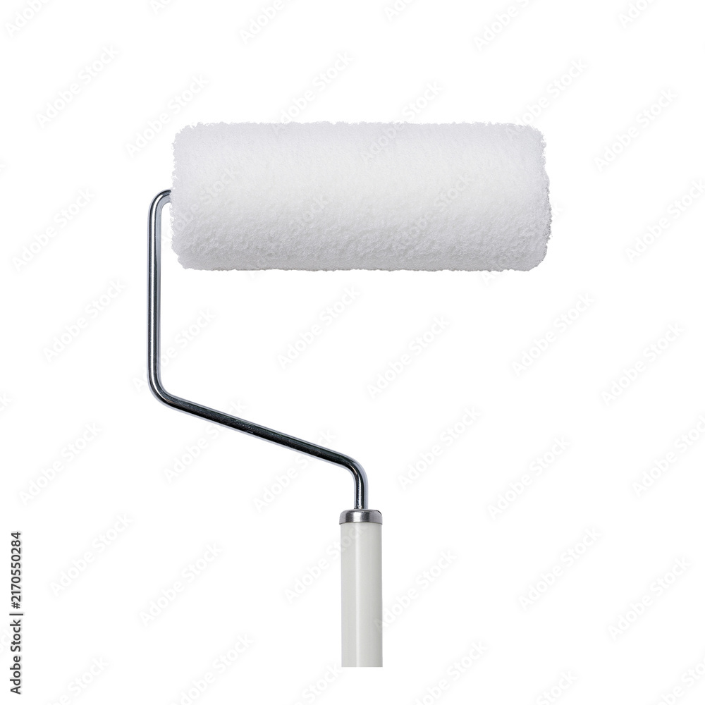 Fototapeta premium White paint roller with metal frame and handle isolated