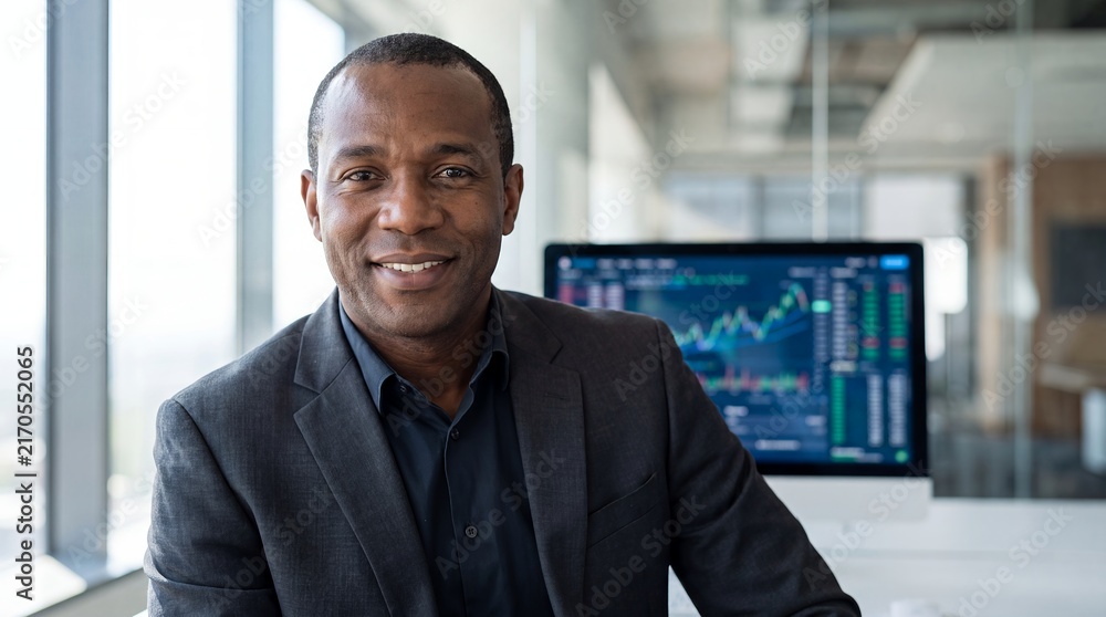 Fototapeta premium Black businessman executive smiling office portrait dashboard professional corporate confident A mature leader smiles warmly at the camera with a financial market screen behind him for commercial use