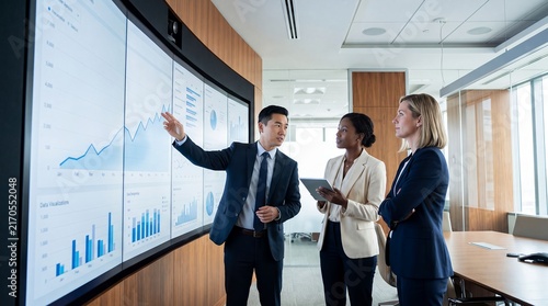Diverse analysts wall dashboard teamwork office data presentation corporate strategy Three colleagues review a large line graph together while discussing performance in a boardroom for commercial use