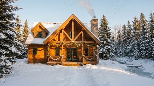 Cozy winter log cabin nestled in a snowy forest landscape.