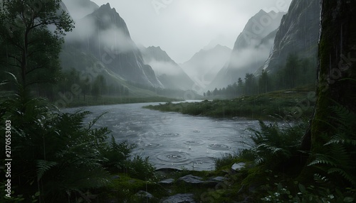 Moody and atmospheric rainy landscape in a lush green mountain valley with a winding river and mist
