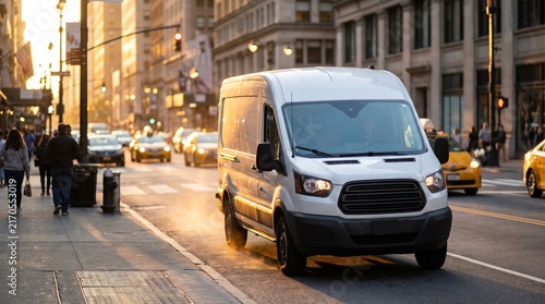 A white delivery van navigating a bustling city street at sunset, with pedestrians and traffic surrounding it.