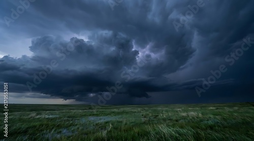 Dramatic dark storm clouds looming over a vast green grassland prairie in a powerful weather landscape