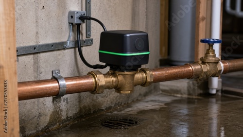Automatic water shutoff valve installed on a residential main pipe, ideal for leak protection, smart homes and property safety