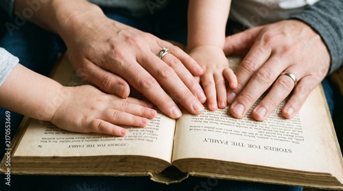 family hands resting on open book together.