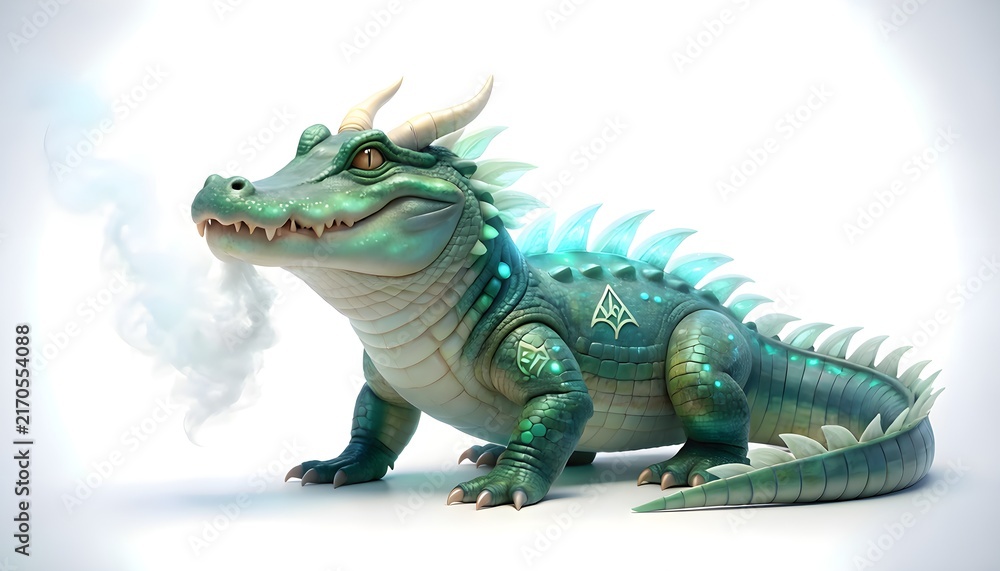 Fototapeta premium Mythical Alligator with Glowing Blue Elements on White Background