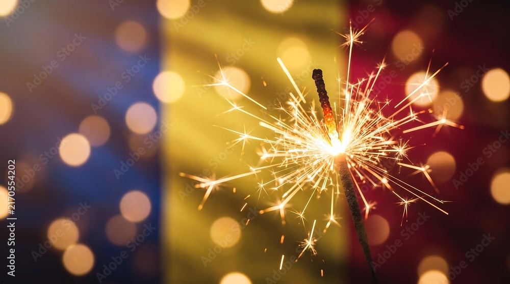 Fototapeta premium Macro shot of a burning festive sparkler against blurred flag and golden bokeh light background