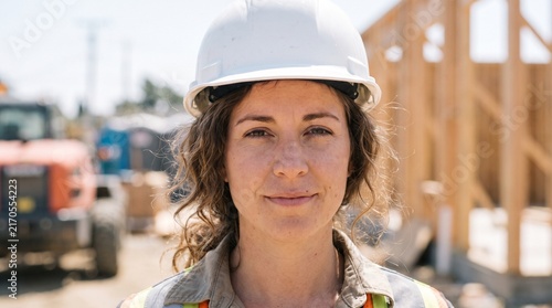 A close-up portrait of a confident female construction worker wearing a white hard hat at a building site.
