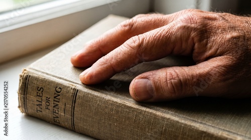 An aged hand rests thoughtfully upon an antique leather-bound book, bathed in soft, natural light.