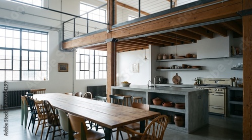 Industrial loft interior with a spacious dining area and open kitchen featuring large windows.