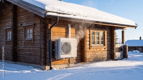 Winter scene showing a modern air source heat pump operating efficiently against a traditional wooden cabin exterior covered in snow.