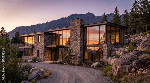 Modern mountain home at dusk with stone facade and large glass windows reflecting sunset.