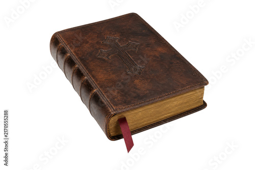 Fotografía Old brown leather-bound Bible with an embossed cross and a red bookmark, isolate