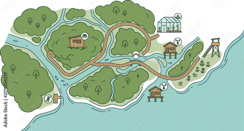 Obraz premium Illustrated Nature Park Map With Trails and Facilities