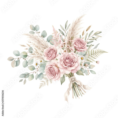 AI generated boho watercolor floral bouquet with pink roses pampas grass eucalyptus and ribbon isolated on transparent background