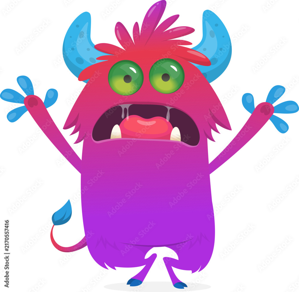 Fototapeta premium Funny Halloween monster character with horns waving hands isolated