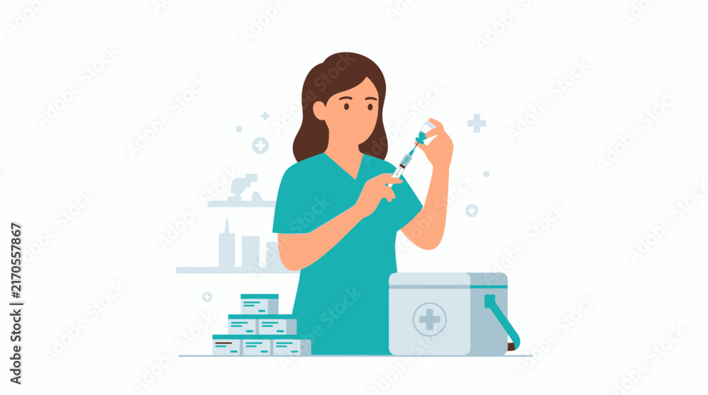 Obraz premium Nurse preparing vaccine injection with medical supplies and cooler