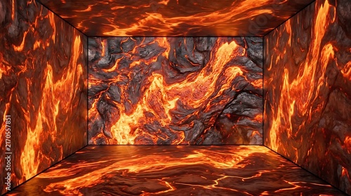 Empty square room with abstract lava background. Volcanic magma
