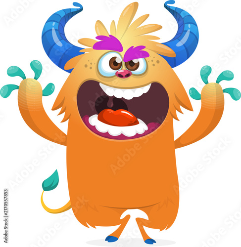 Cute funny Halloween cartoon monster creature waving hands vector