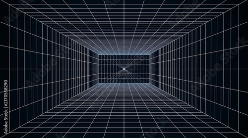 Empty room with wireframe grid room with perspective lines.