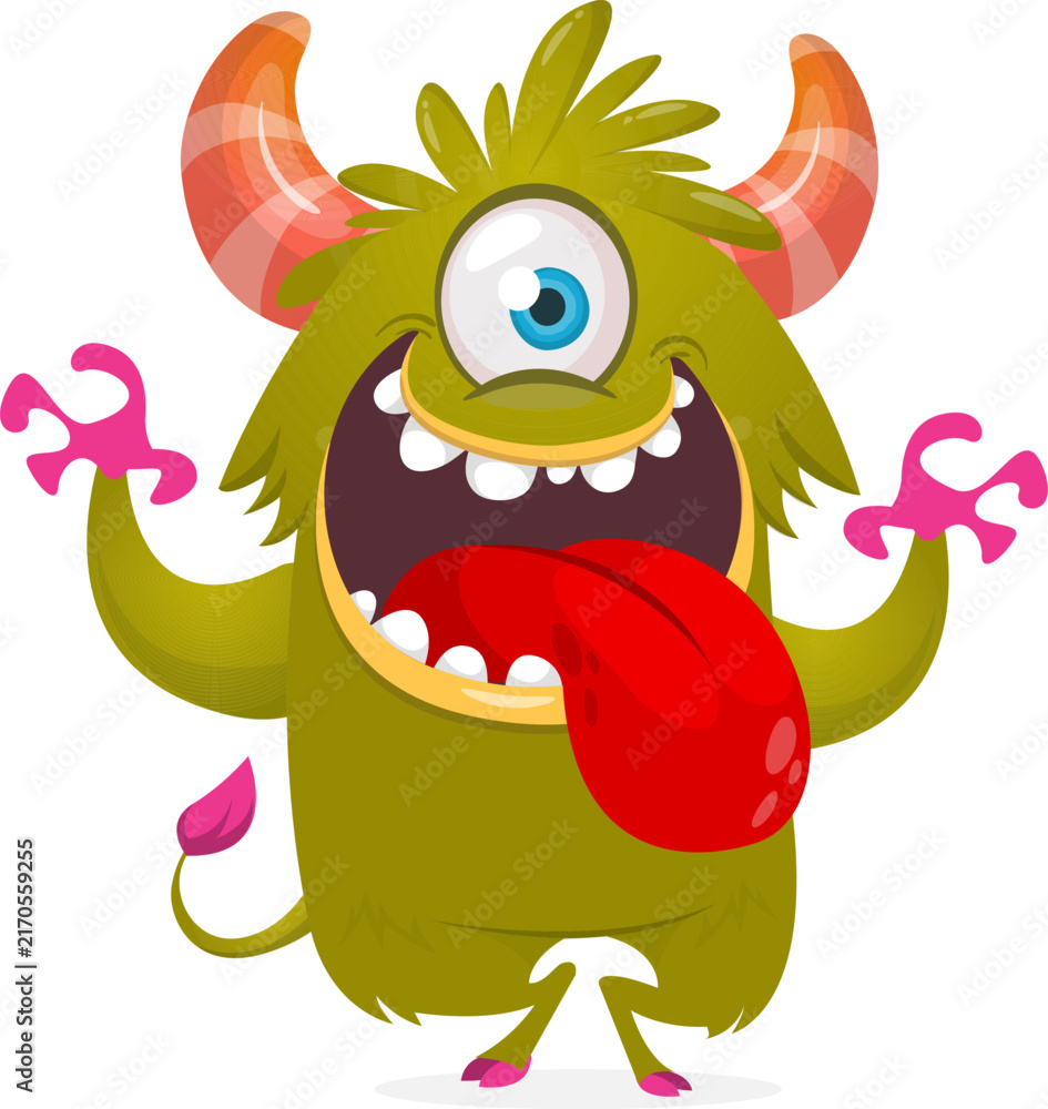Fototapeta premium Cartoon Halloween monster creature with scary horns isolated white 
