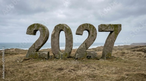 Stone 2027 Numbers Standing in Open Natural Landscape