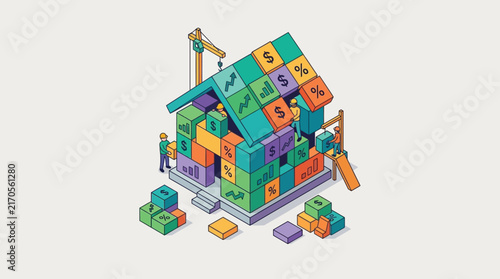 Isometric Real Estate Investment Illustration: Workers Building House with Financial Blocks