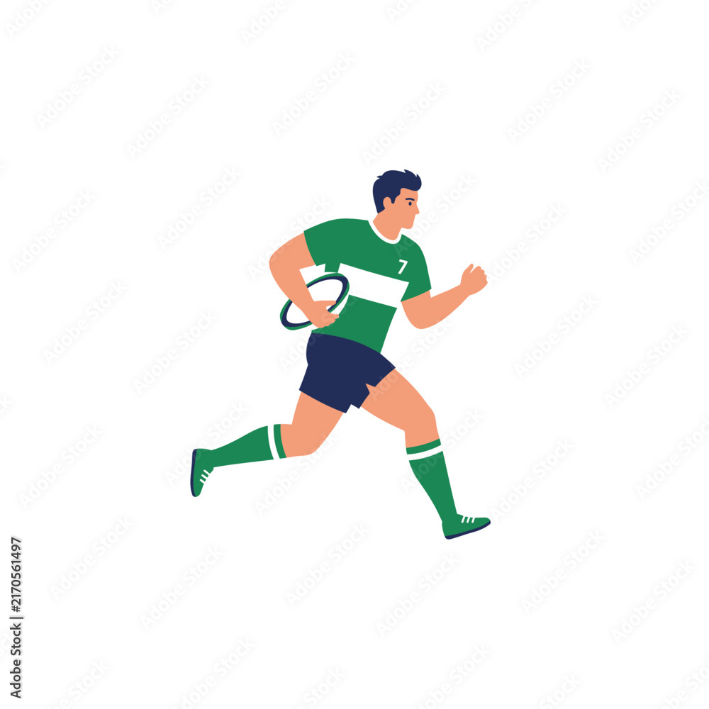 Fototapeta premium Rugby Player Number 7 Running with Ball, Flat Sports Illustration