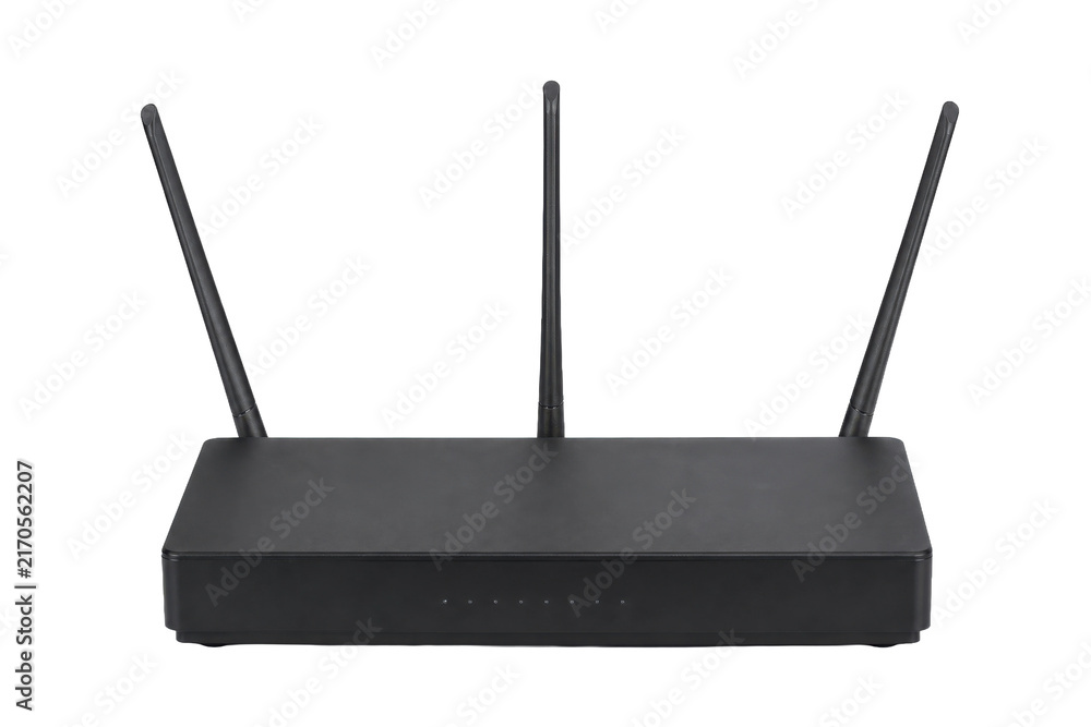Fototapeta premium Sleek black wireless internet router with three antennas stands prominently against a clean white background, showcasing modern technology