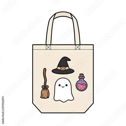 A cute beige canvas tote bag featuring a whimsical halloween print with a ghost witch hat broomstick and a pink magic potion bottle