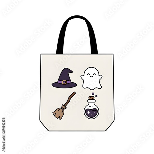 A white canvas tote bag featuring a cute halloween pattern with a witch hat a ghost a broomstick and a magic potion bottle