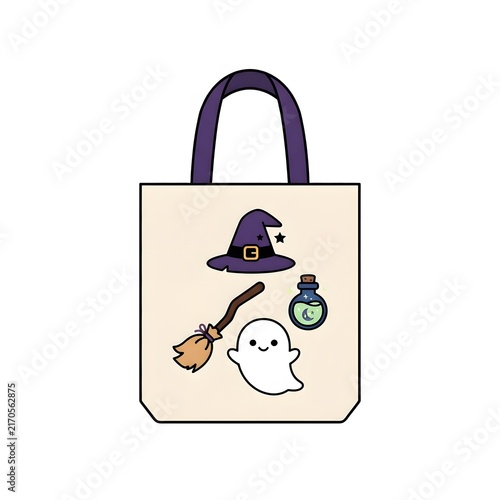 A cute beige canvas tote bag featuring a whimsical halloween print with a witch hat broomstick potion bottle and a friendly ghost illustration