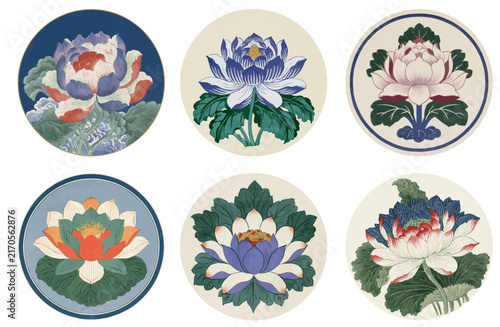 Traditional Asian lotus flower illustrations set with circular frames and vibrant colors