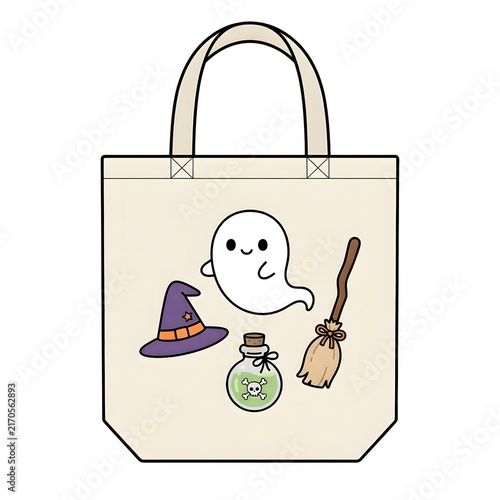 A beige canvas tote bag featuring a cute cartoon ghost witch hat magic potion bottle and broomstick illustration for a fun halloween design