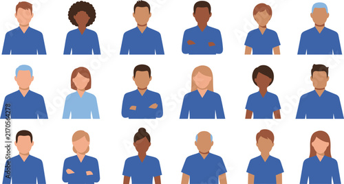Set of diverse professional avatars featuring men and women in blue uniforms for corporate or business profiles