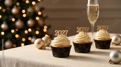 2027 Cupcakes and Champagne With Christmas Bokeh in Elegant Holiday Setting