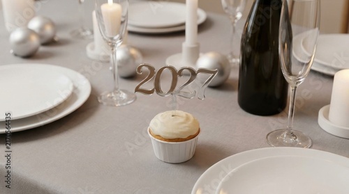 Elegant 2027 New Year Table Setting With Cupcake and Champagne